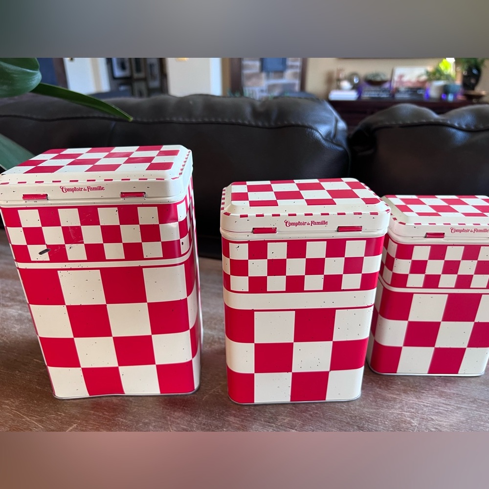 𝑪𝒐𝒎𝒕𝒐𝒊𝒓 𝒅𝒆 𝑭𝒂𝒎𝒊𝒍𝒍𝒆 French Canister Set Red and Cream Tins Kitchen farmhouse - Picture 5 of 9